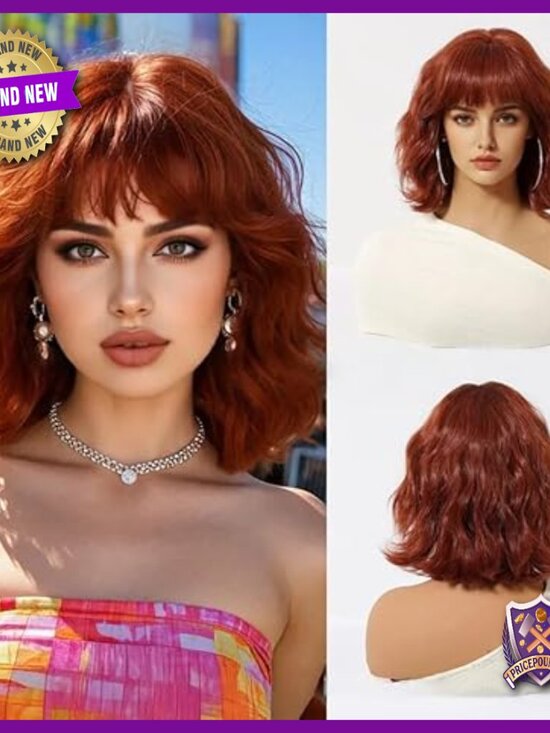 Human Hair Wig with Curly Textured Bangs Glueless Cap Daily Wear